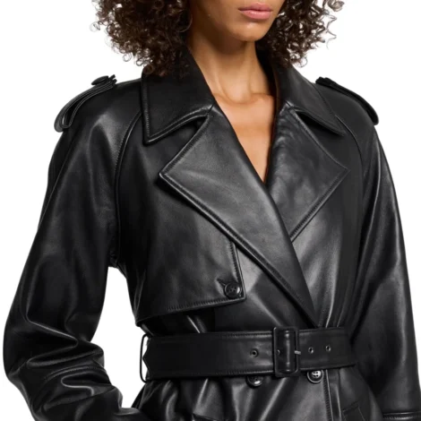 Women’s Double Breasted Real Belted Black Leather Coat