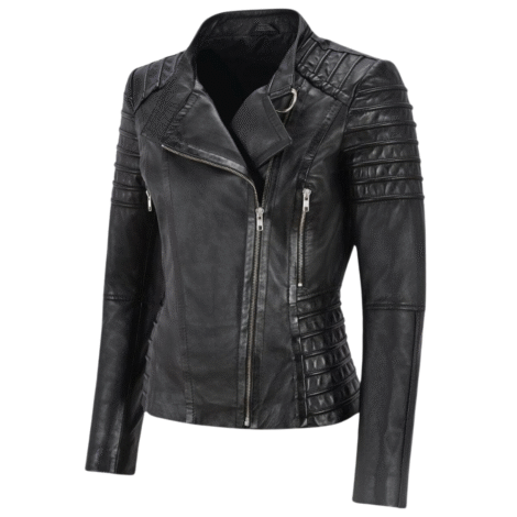 Womens Black Leather Moto Slim Fit Jacket