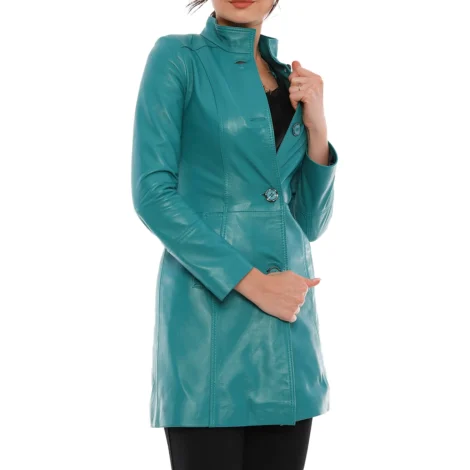 Ailsa Turquoise Blue Leather Trench Coat