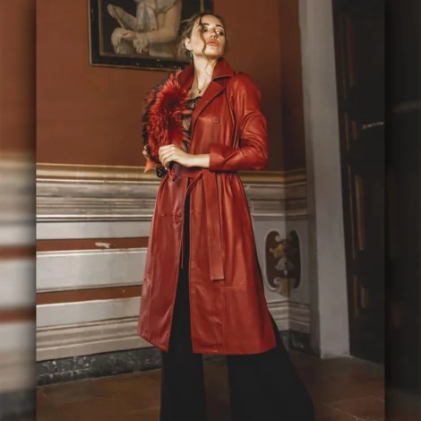 Leather Coat Red Double Breasted