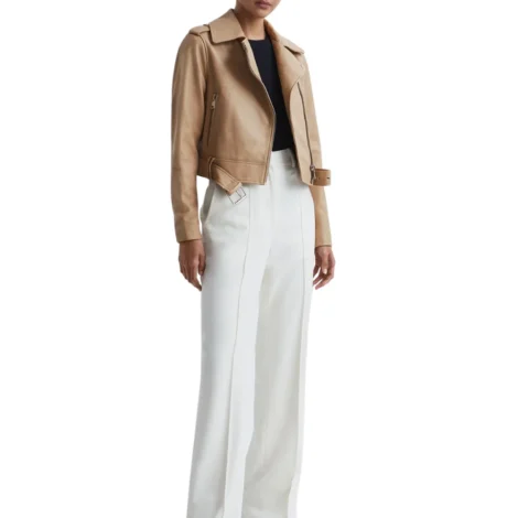 Nancy Beige Leather Biker Jacket