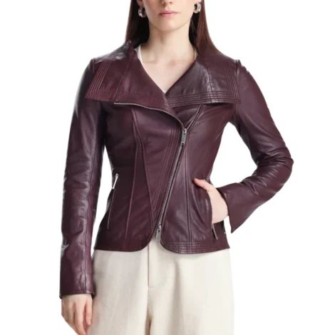 Womens Eggplant Maroon Wide Collar Leather Biker Jacket