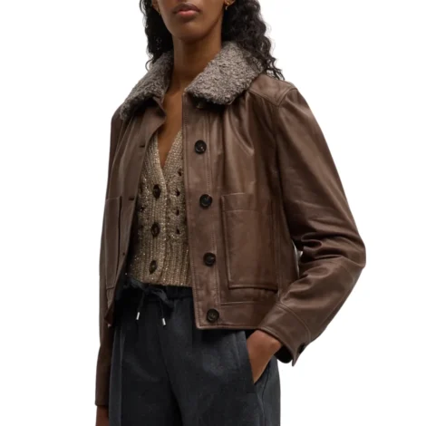 Womens Dark Brown Leather Jacket With Shearling Collar
