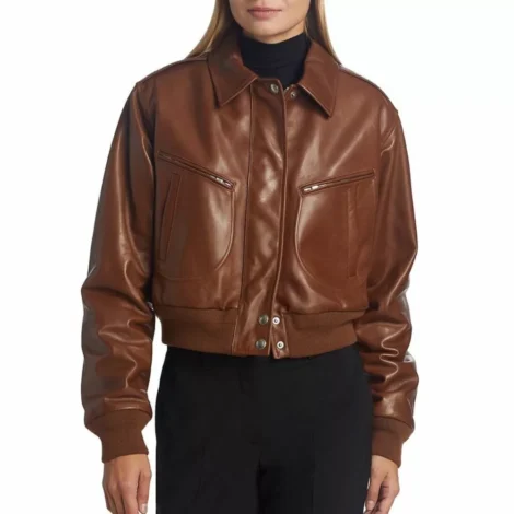 Womens Cropped Brown Leather Bomber Jacket