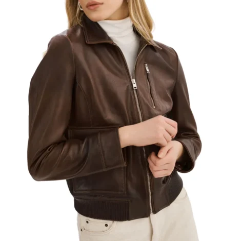 Womens Brown Leather Aviator Jacket Shearling Collar