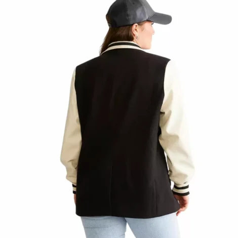 Womens Black Wool Varsity Jacket With White Leather Sleeves