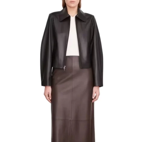 Womens Black Leather Jacket With Shirt Collar