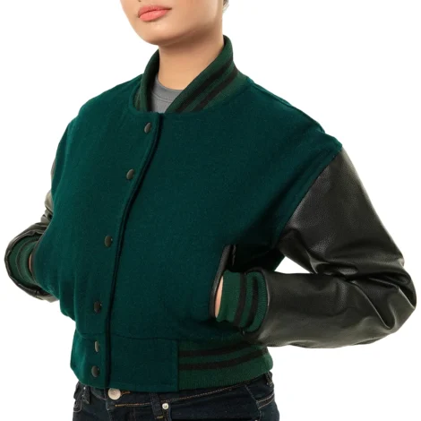 Womens Green Cropped Varsity Bomber Jacket