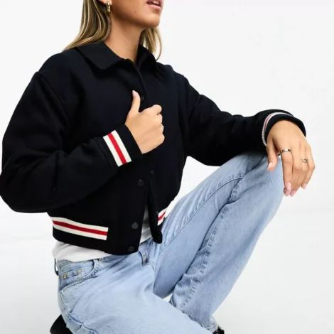 Women Blue Woolen Bomber Varsity Jacket