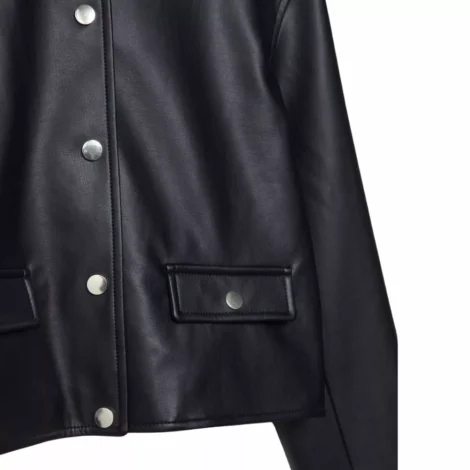Women Black Laybin Collarless Crop Leather Jacket