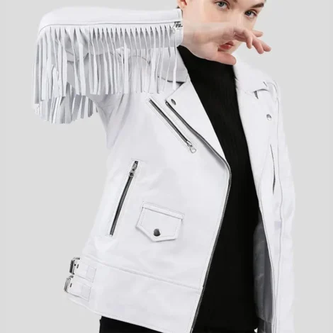 White Leather Fringe Jacket Biker