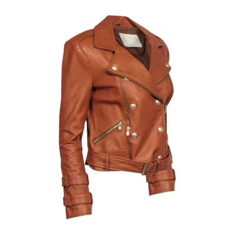 Tan Leather Jacket for Women with Gold Stud Buttons