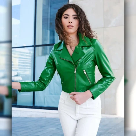 Short Leather Jacket Green for Women