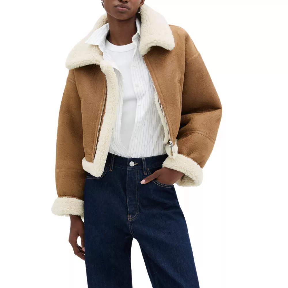 Shearling Lined Brown Womens Cropped Jacket Shearling Lined Brown Womens Cropped Jacket