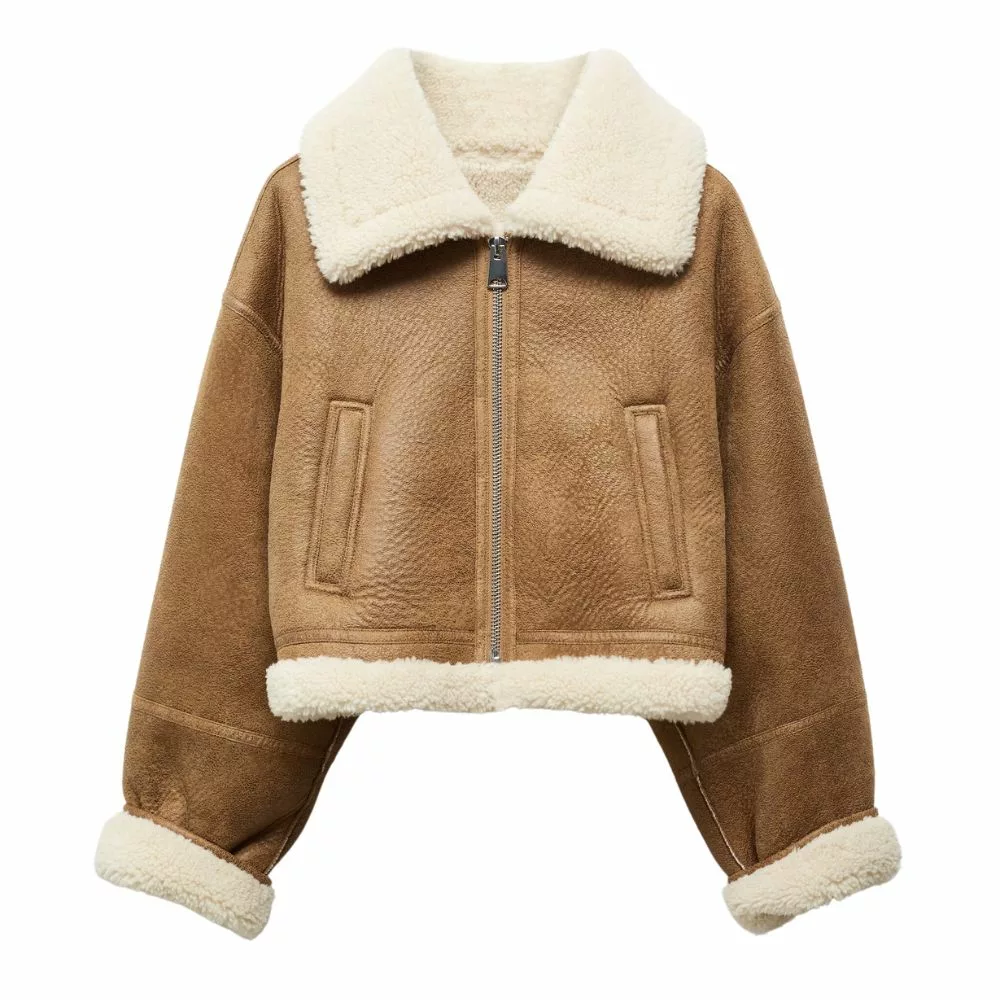 Shearling Lined Brown Womens Cropped Jacket Shearling Lined Brown Womens Cropped Jacket