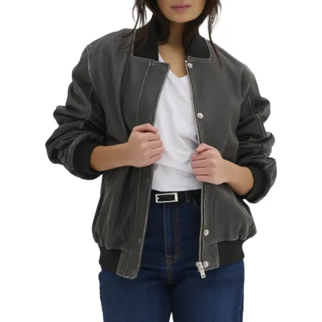 Elsie Genuine Leather Black Bomber Jacket