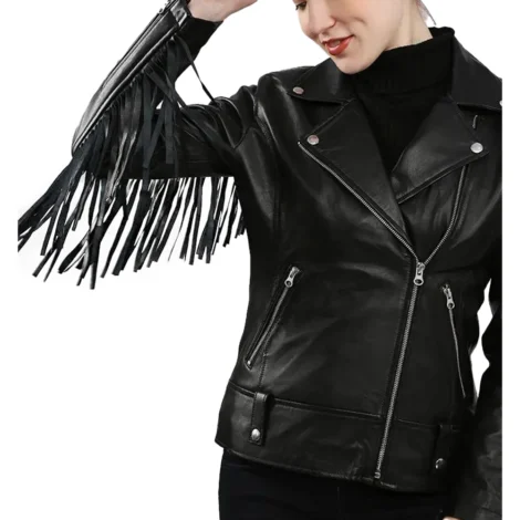 Black Leather Fringe Jacket for Women
