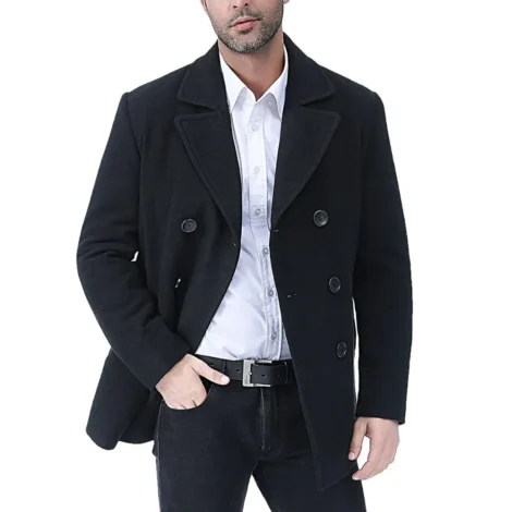 Men Double Breasted Black Pea coat | Men Wool Coat