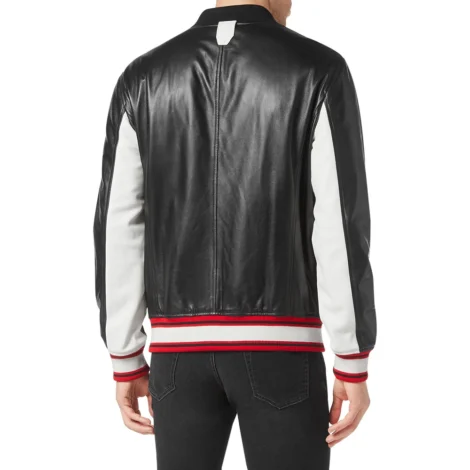 Mens Black and White Leather Bomber Jacket