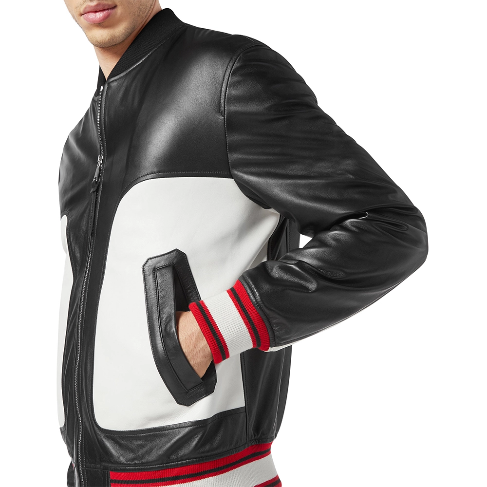 Mens Black and White Leather Bomber Jacket Mens Black and White Leather Bomber Jacket