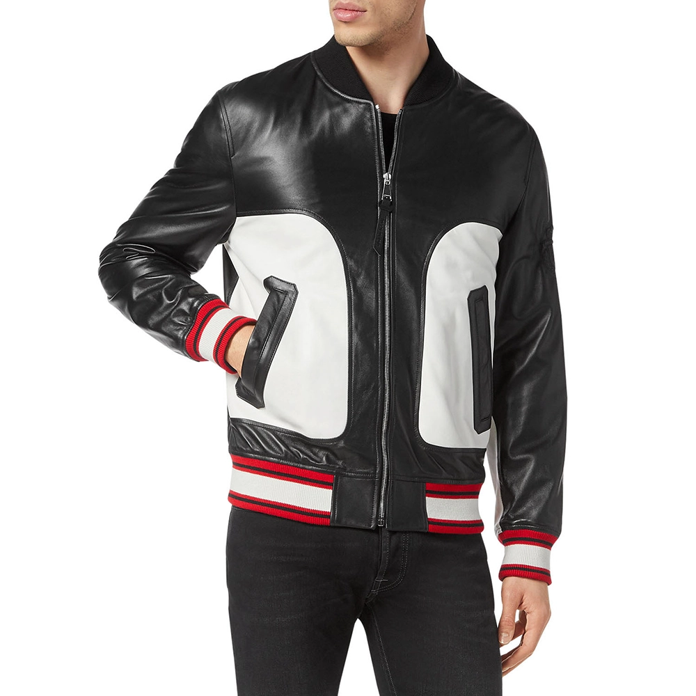 Mens Black and White Leather Bomber Jacket Mens Black and White Leather Bomber Jacket