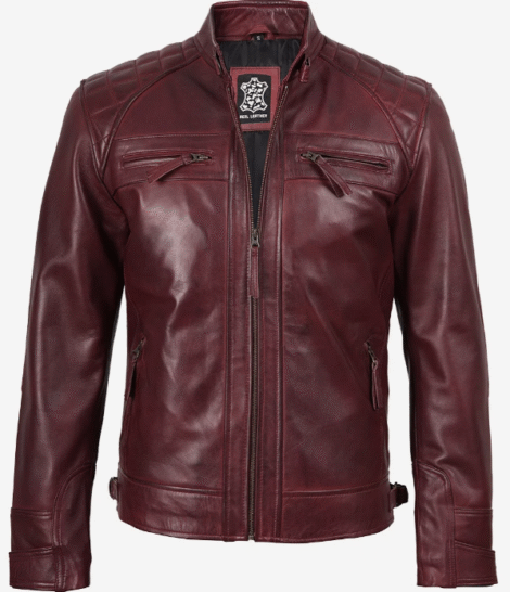 Burgundy Men’s Quilted leather Biker Jacket 3