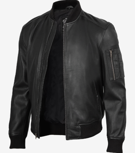 Men’s Black Leather Bomber Jacket